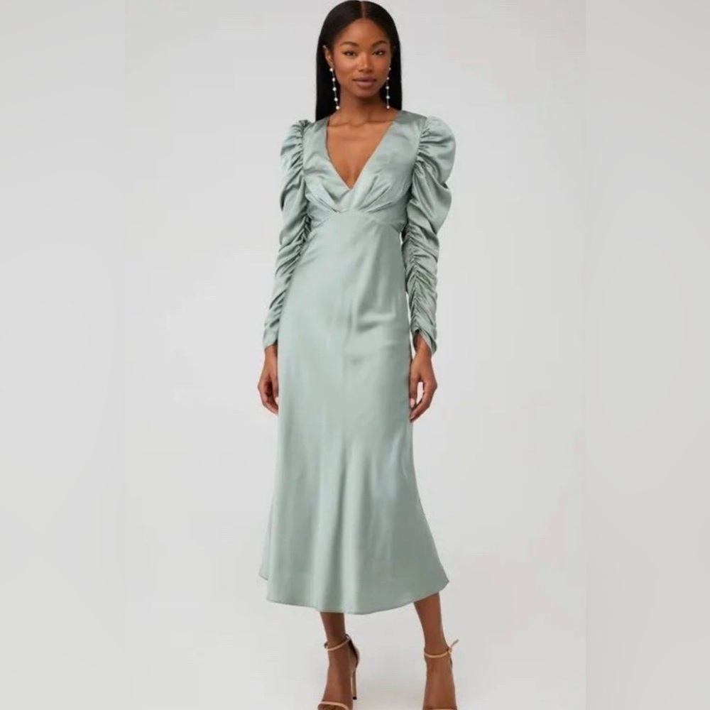 Line & Dot Sage Satin V-Neck Ruched Long Sleeve Dress